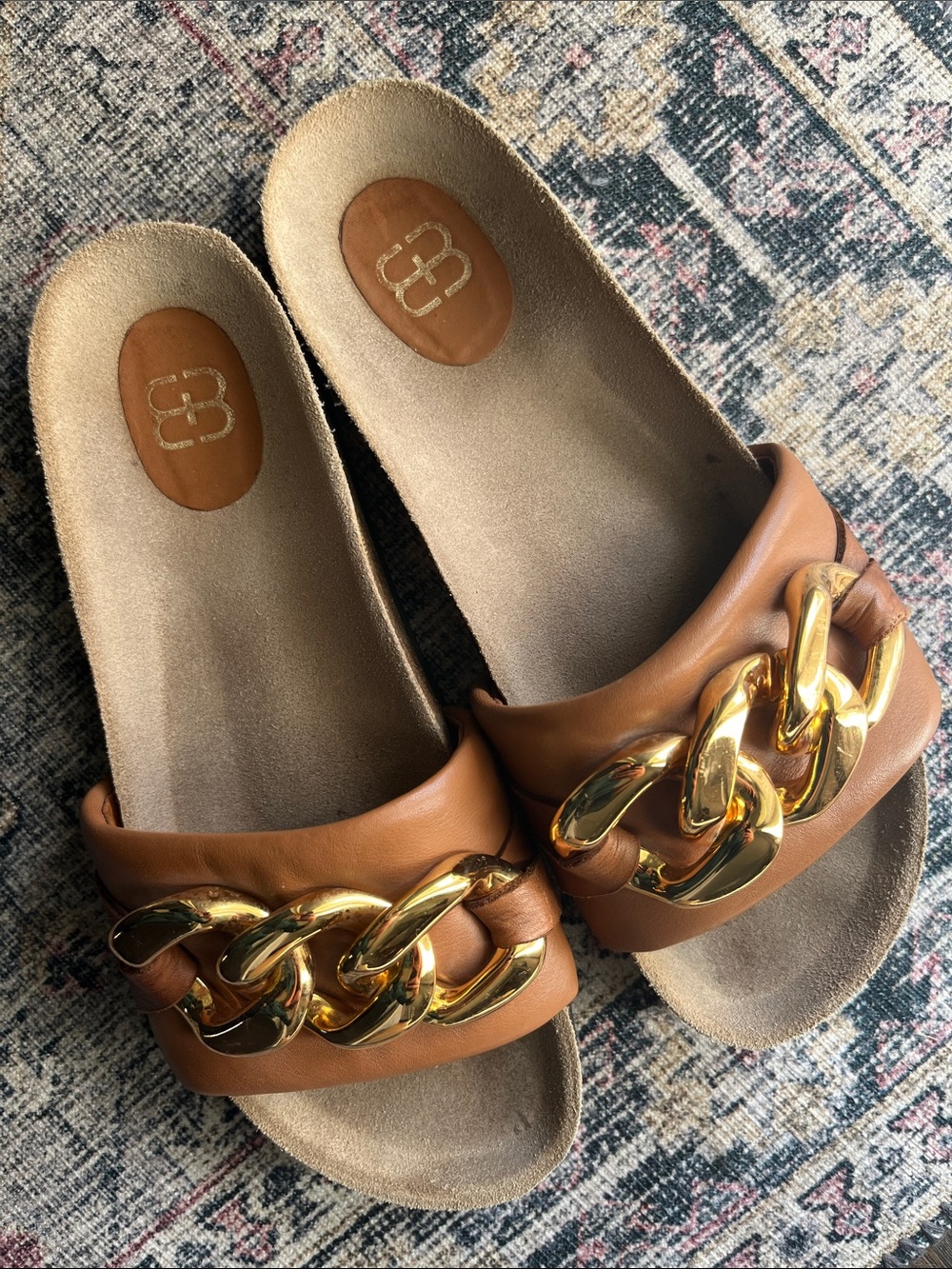 Women's Tan Slide Sandals with Gold Chain Accent